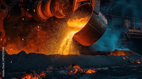 liquid molten metal pouring in mold container, heavy metallurgical ironwork factory