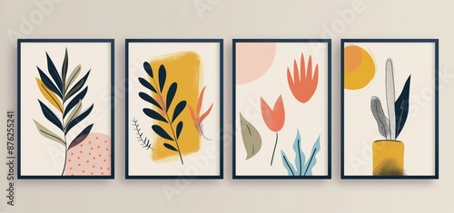 tropical plant leaves summer foliage in nature boho tropical plant and foliage modern contemporary picture frame collection set , boho flat design grungy minimalist Japandi style home wall hanging dec