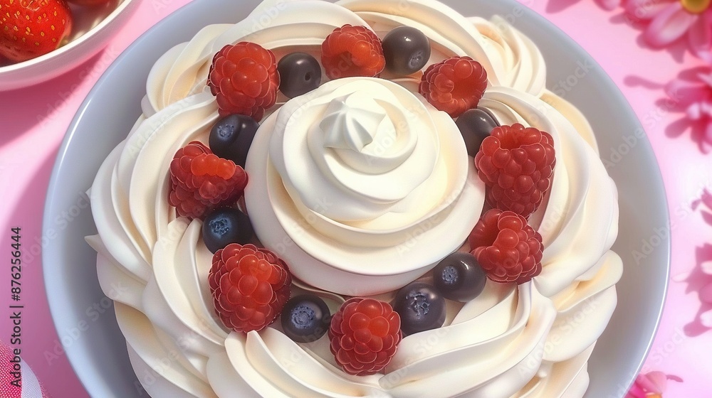 A close-up of a cake on a plate with strawberries, raspberries, and blueberries A close-up of a cake on a plate with strawberries, raspberries, and blueberries