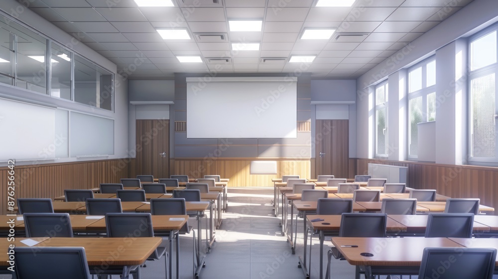 Empty Classroom with Desks and Projector Empty Classroom with Desks and Projector