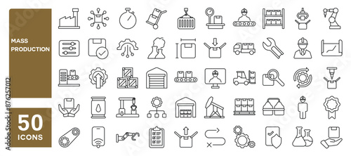 Set of 50 line icons related to mass production, manufacturing, factory, automation, industrial equipment, Editable stroke. Vector illustration
