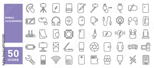 Set of 50 line icons related to mobile accessories, power bank, headset, cable, sim card, phone case, wireless charger, phone protection,  Editable stroke. Vector illustration