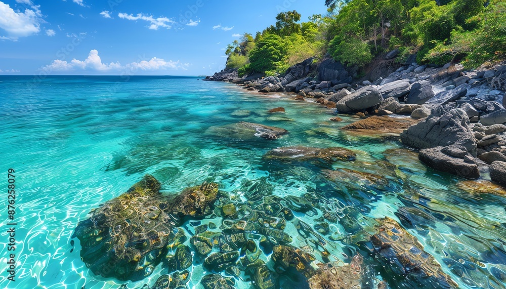 The crystal clear water of the Andaman Sea laps at the rocky shore of a small island The crystal clear water of the Andaman Sea laps at the rocky shore of a small island