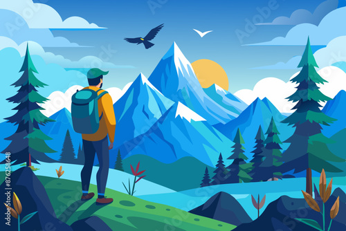 Realistic illustration of a mountain landscape with coniferous forest and photographers tourist with backpack, under a blue sky with three flying birds - vector stock illustration photo