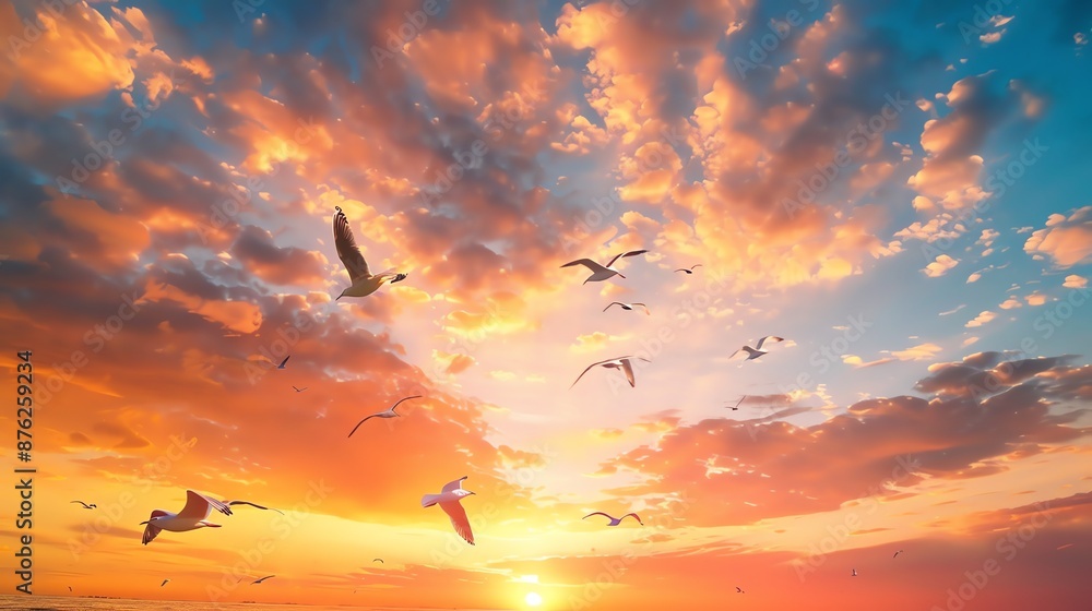 Obraz premium A flock of seagulls soars through the sky at sunset. The warm colors of the sky and the graceful flight of the birds create a beautiful and peaceful scene.