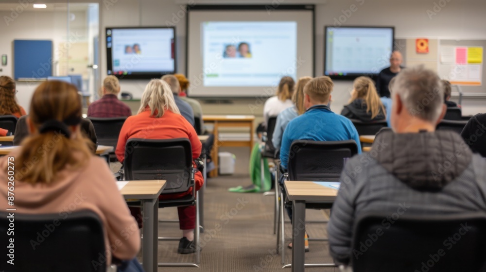 A classroom full of people sitting at desks A classroom full of people sitting at desks