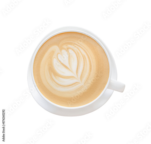 Cappuccino, latte, coffee with milk in a white glass mug. The drawing on the coffee foam. View from above. On a white background. Isolated. Space for text. Copy space