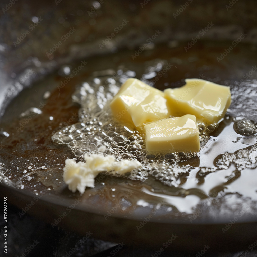 Close-up of sizzling butter in a hot frying pan Close-up of sizzling butter in a hot frying pan