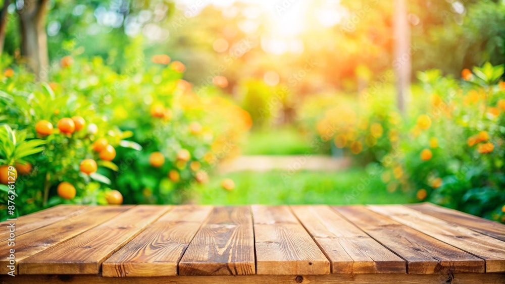 Wood table top with blur of garden in the morning.For montage product display or design key visual layout Wood table top with blur of garden in the morning.For montage product display or design key visual layout