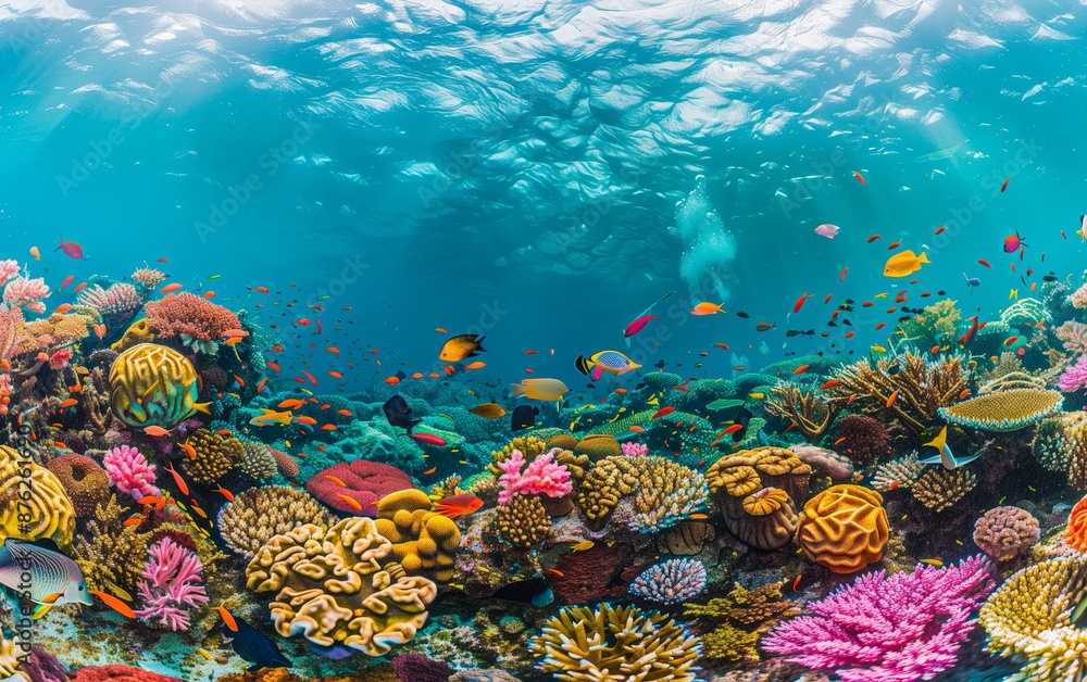 Naklejka premium A vibrant coral reef explodes with life, teeming with colorful fish and an array of fascinating sea creatures, showcasing the breathtaking beauty of marine life in its natural underwater habitat.