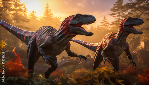 epic scenery including three beautiful velociraptors, with predominant colors royal blue, green streaked with red, majestic and elegant, hunting in a prehistoric forest environment full of life and wi photo