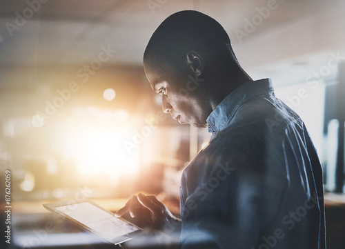 Slika na platnu Businessman, research and browsing with tablet for news, planning tasks or schedule at office