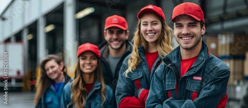 Young People Smiling in Branded Logistics Company Clothing, Radiating Confidence with Red and Blue Accents