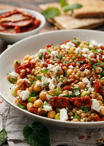 Pearl Couscous salad with sun dried tomatoes, chickpeas and feta cheese. healthy food