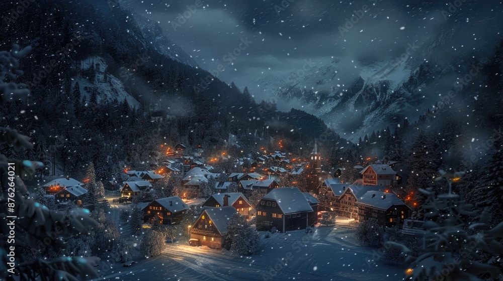 A beautiful alpine village in the mountains at night during A beautiful alpine village in the mountains at night during