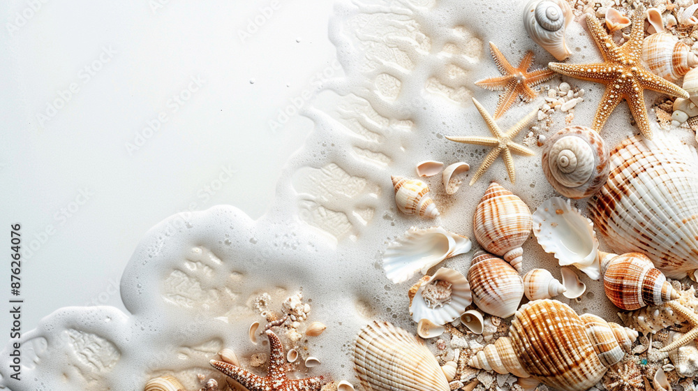 Obraz premium Tropical beach. Sand, shells and ocean waves on the shore. 