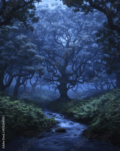 Enchanted forest themes, illustrating the magical and mystical elements of fantasy woodland scenes photo