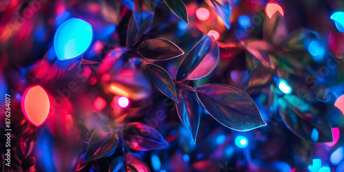 Colorful Festive Lights Through Lush Foliage Background for Vibrant Celebrations and Decor