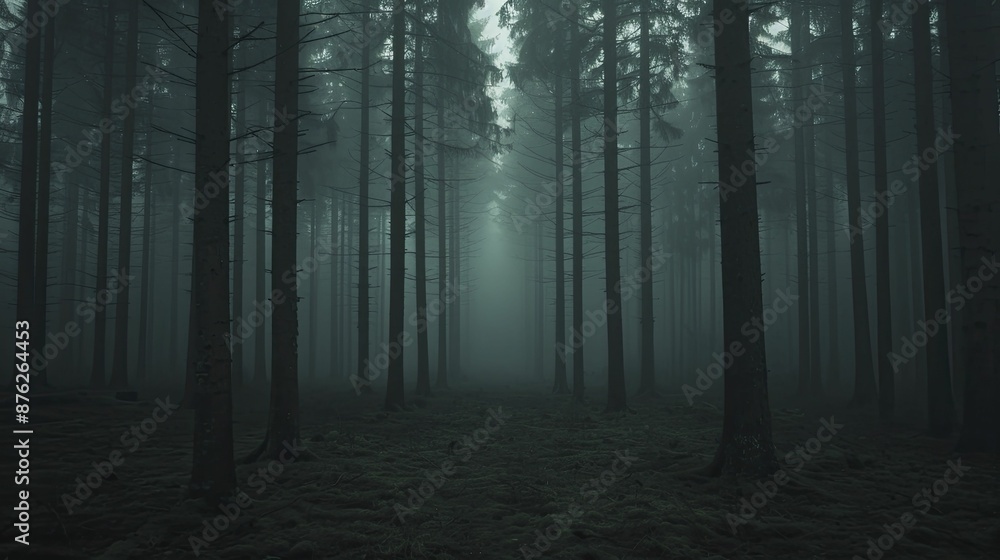 Obraz premium Explore the haunting forest imagery, revealing the eerie and captivating beauty of shadowy woodland scenes that mesmerize the senses.