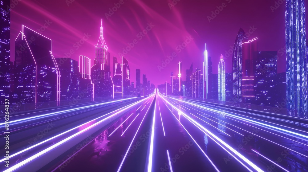 High-speed futuristic highway leading to an urban center with skyscrapers, illuminated by glowing white lines and soft purple sky, concept of fast travel in an advanced technological era High-speed futuristic highway leading to an urban center with skyscrapers, illuminated by glowing white lines and soft purple sky, concept of fast travel in an advanced technological era