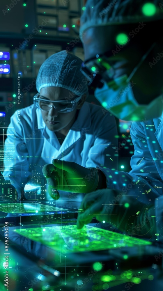 A hightech laboratory with scientists working on holographic displays, scifi, blue and green, sharp focus, innovation hub A hightech laboratory with scientists working on holographic displays, scifi, blue and green, sharp focus, innovation hub