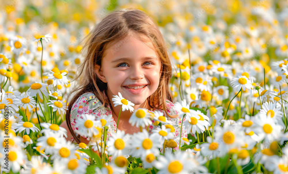 beautiful toddler in daisy flowers in a clearing. Concept: children in nature, relaxation and walks beautiful toddler in daisy flowers in a clearing. Concept: children in nature, relaxation and walks