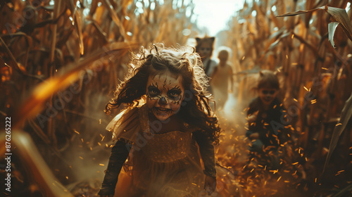 Girl in Halloween costume with terror makeup runs in a terrifying field with fear