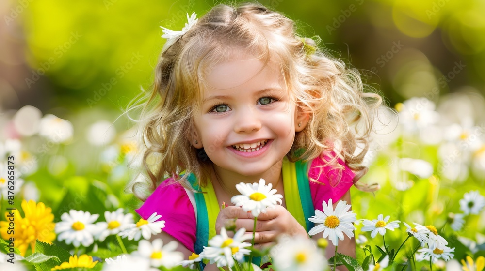 beautiful toddler in daisy flowers in a clearing. Concept: children in nature, relaxation and walks beautiful toddler in daisy flowers in a clearing. Concept: children in nature, relaxation and walks