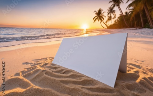 Empty white sign on a tropical beach photo