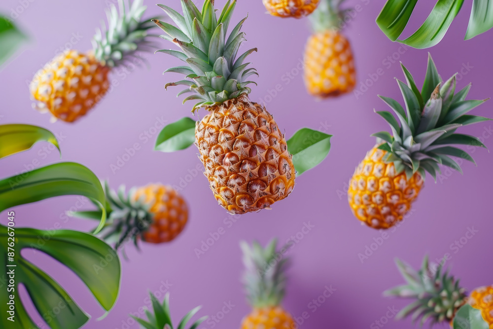 Floating Pineapples on Purple Background with Tropical Leaves Creative Food Floating Pineapples on Purple Background with Tropical Leaves Creative Food