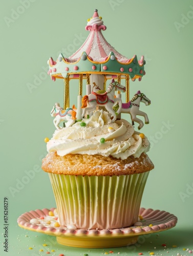 a cupcake with a carousel on top