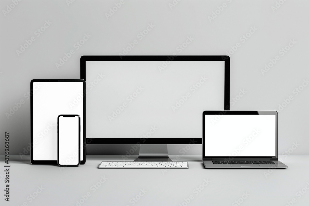 A mockup of a laptop, desktop computer, tablet, and smartphone with blank white screens against a neutral background A mockup of a laptop, desktop computer, tablet, and smartphone with blank white screens against a neutral background