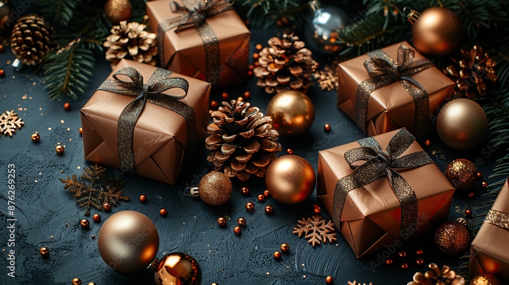 elegant christmas composition,a festive bronze gift boxes,baubles on a stylish black background luxury decoration for the holiday season.stock photo elegant christmas composition,a festive bronze gift boxes,baubles on a stylish black background luxury decoration for the holiday season.stock photo