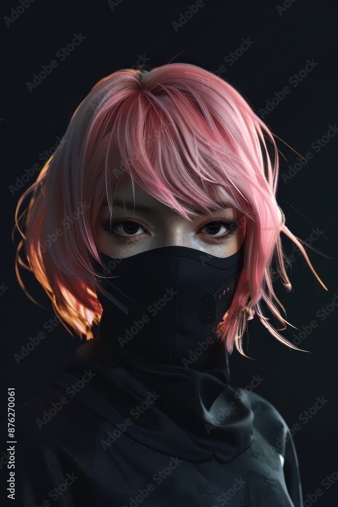 a woman with pink hair wearing a black mask a woman with pink hair wearing a black mask