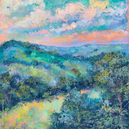 An abstract painting of a green hillside under a sunset sky, featuring swirling hues of pink, orange, and blue