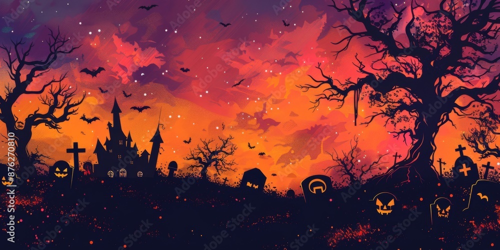 Spooky Halloween Night with Haunted House and Graveyard under Starry Sky Spooky Halloween Night with Haunted House and Graveyard under Starry Sky