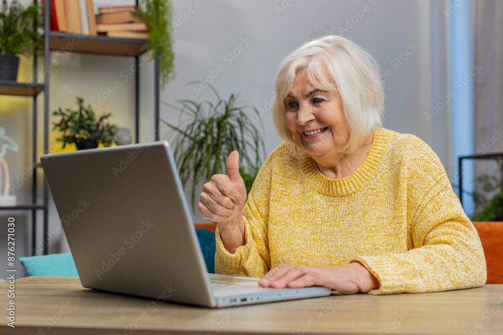 Senior woman making video webcam conference call with friends or family, show thumb up, enjoying pleasant conversation at home apartment indoors. Elderly mature grandmother sits on couch at table desk Senior woman making video webcam conference call with friends or family, show thumb up, enjoying pleasant conversation at home apartment indoors. Elderly mature grandmother sits on couch at table desk