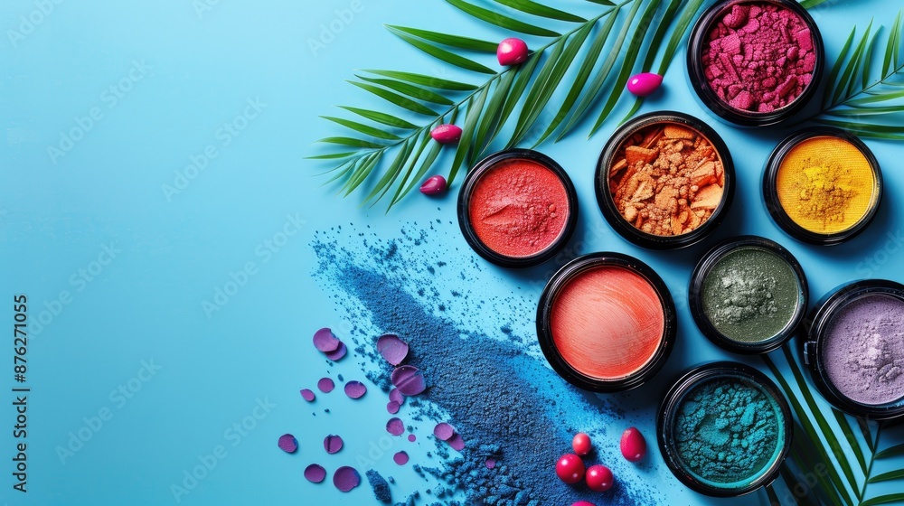Vibrant Cosmetic Powders and Eye Shadows with Floral Accents on Blue Vibrant Cosmetic Powders and Eye Shadows with Floral Accents on Blue