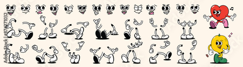 Set of 70s groovy comic faces vector. Collection of cartoon character faces, leg, hand in different emotions happy, angry, heart, lemon. Cute retro groovy hippie illustration for decorative, sticker.