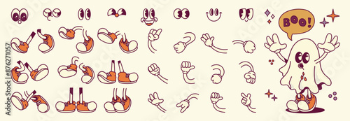 Set of 70s groovy comic faces vector. Collection of cartoon character faces, leg, hand in different emotions happy, angry, sad, ghost. Cute retro groovy hippie illustration for decorative, sticker.