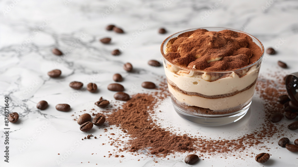 a classic tiramisu, dusted with cocoa powder, served in a glass dish on a marble countertop with coffee beans scattered around a classic tiramisu, dusted with cocoa powder, served in a glass dish on a marble countertop with coffee beans scattered around