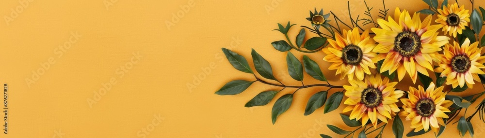 Fototapeta premium Bright sunflowers with green leaves on an orange background, evoking warmth and cheerfulness in a rustic setting.