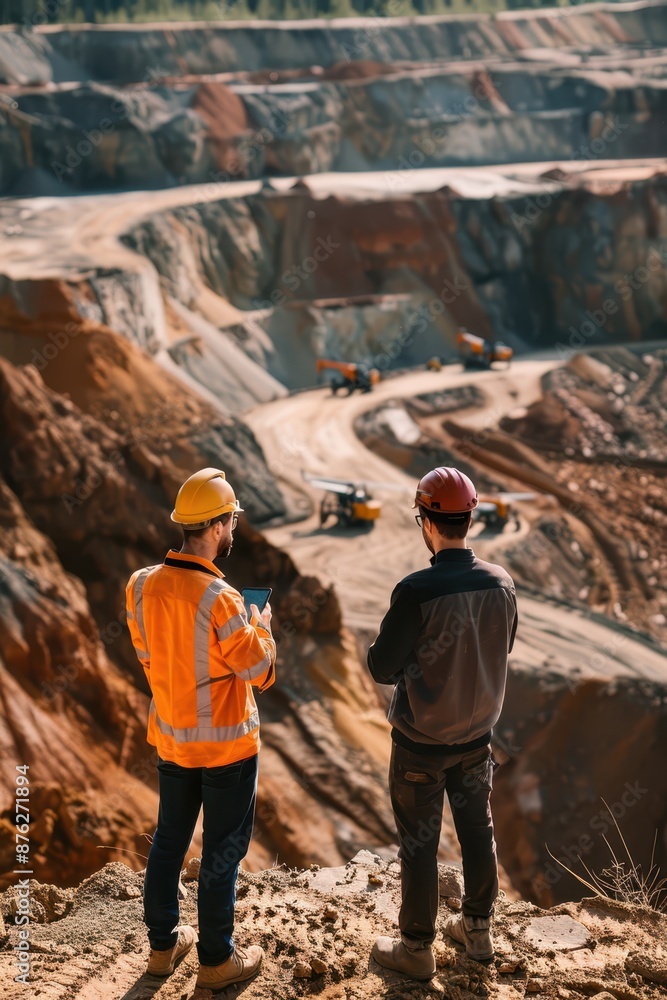 two men in hard hats standing in front of a quarry two men in hard hats standing in front of a quarry