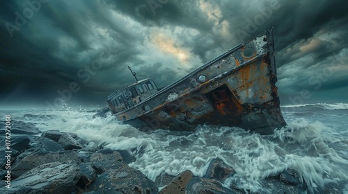 an abandoned shipwreck on a rocky shore under a stormy sky