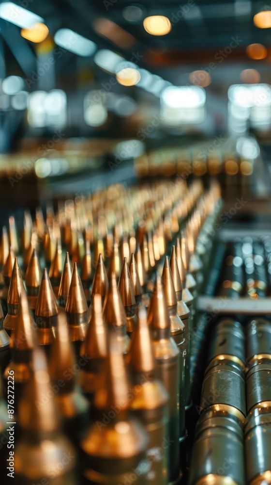 many bullets are stacked on a conveyor belt many bullets are stacked on a conveyor belt