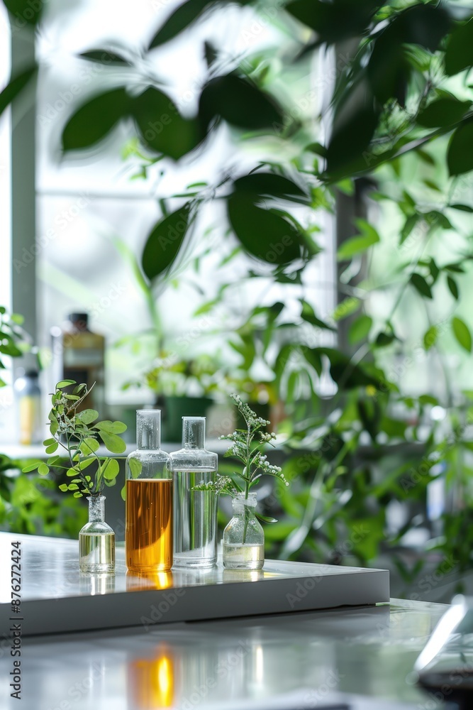 a kitchen counter with a glass jar and a plant a kitchen counter with a glass jar and a plant