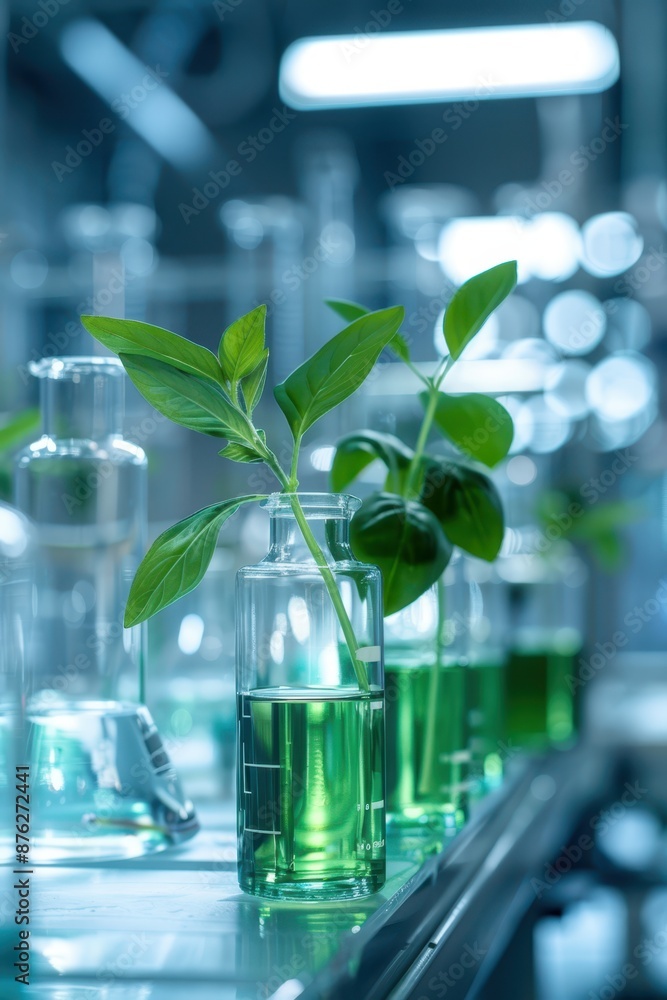 green plants in laboratory flasks green plants in laboratory flasks