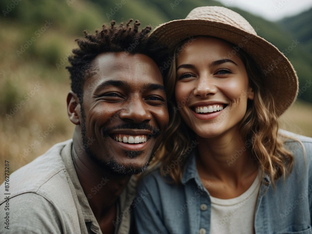 A happy couple smiling outdoors in the sunlight A happy couple smiling outdoors in the sunlight