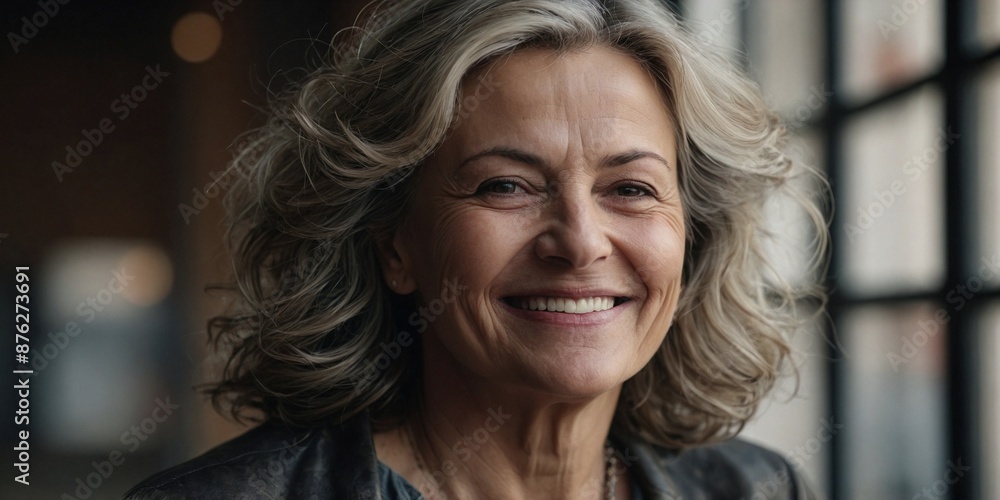 Portrait of middle-aged woman looking at camera and smiling on blurred background with copy space Portrait of middle-aged woman looking at camera and smiling on blurred background with copy space