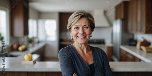 Portrait of middle-aged woman looking at camera and smiling on blurred kitchen background with copy space